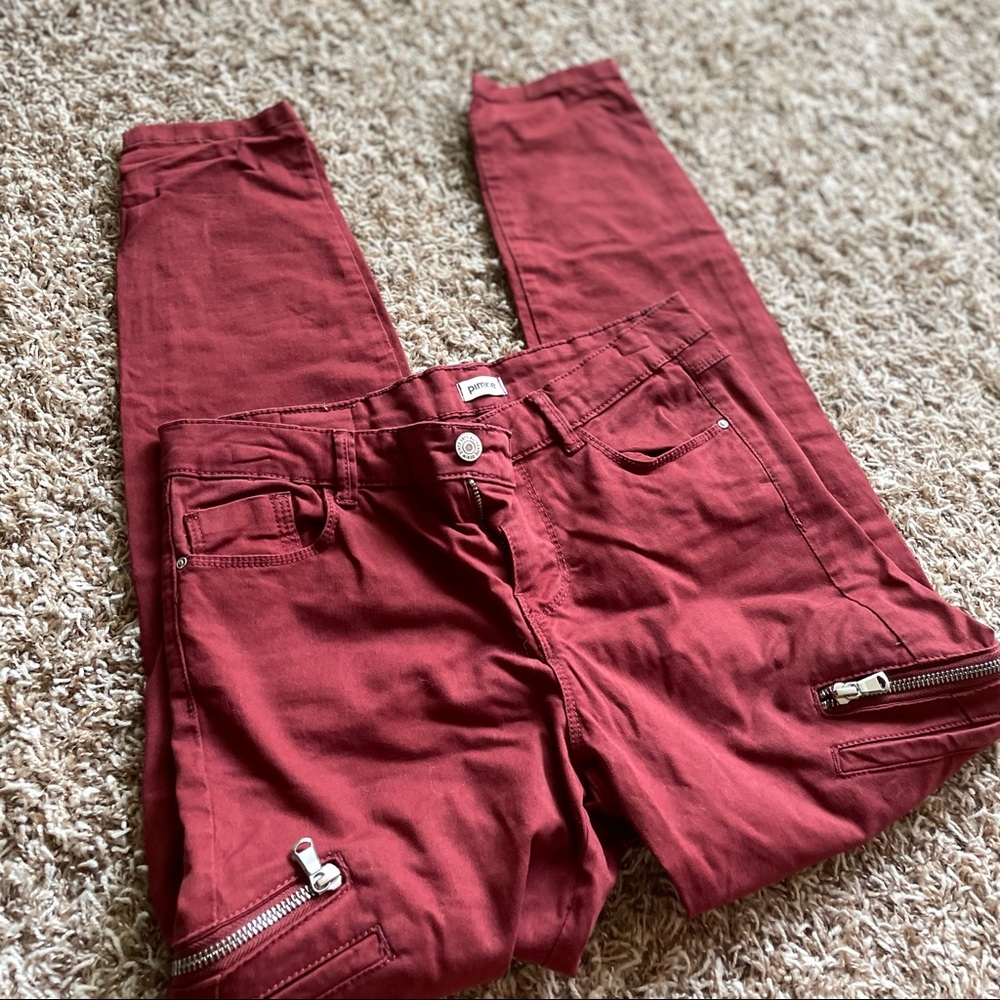 Brick red zipper skinny jeans